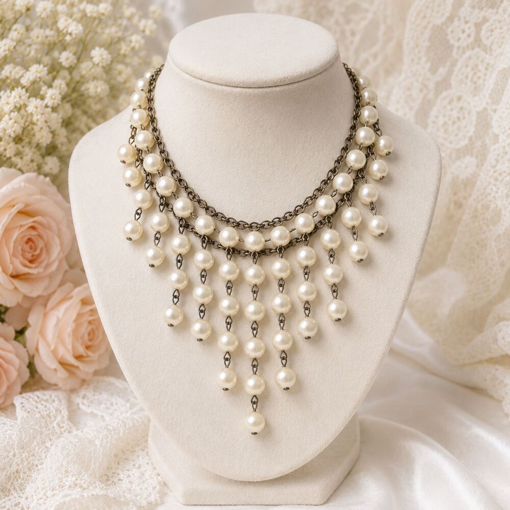 Vintage Faux Pearl Bib Choker Necklace Brass Tone Wedding Bridal 14 Inch